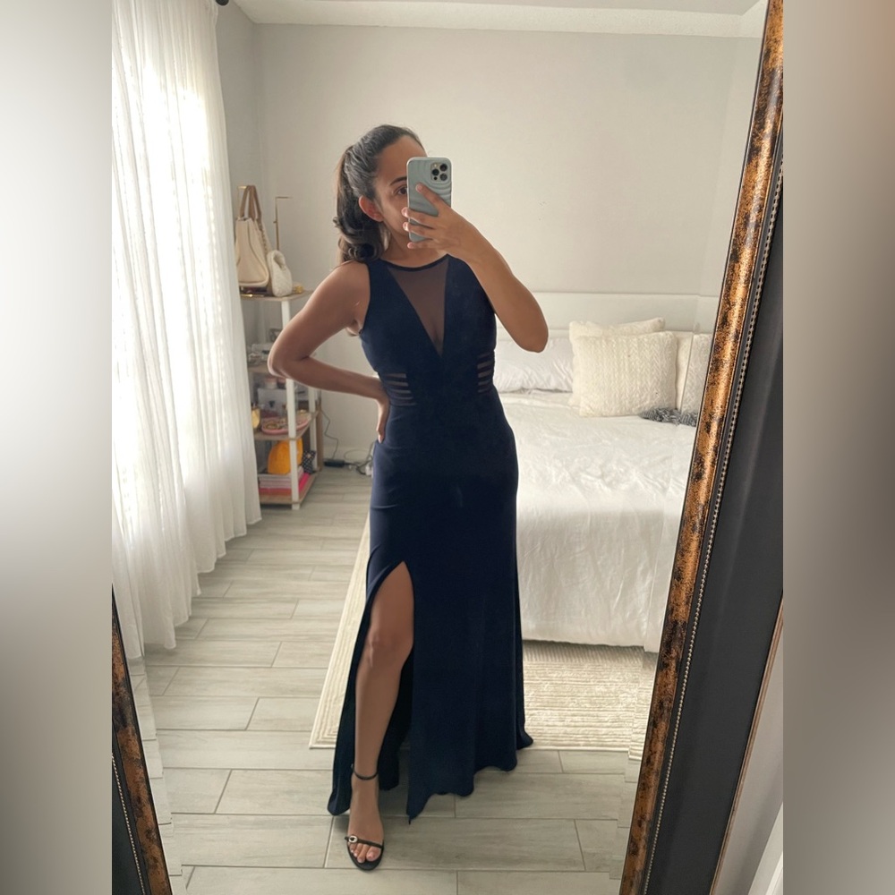 Morgan & Co. Navy Blue Mesh Cutout Slit Formal Maxi Dress Size 1/2 - Picture 4 of 7